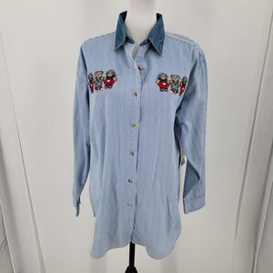 Let's Quizz Again Shirt Women's Large Stripe Embroidered Bears Denim Button Up
